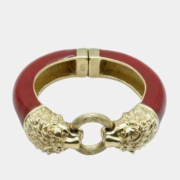 Pre Owned Chanel Burgundy Leo Lion Enamel Gold Metal Cuff Bracelet 16