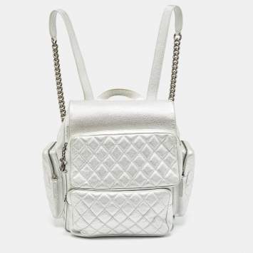 Pre Owned Chanel Silver Quilted Leather Casual Rock Airline Backpack