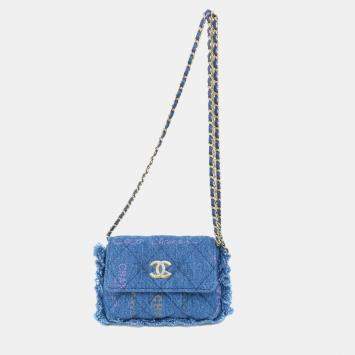 Chanel Logo Printed Quilted Fringe Denim Mood Flap Clutch with Chain 