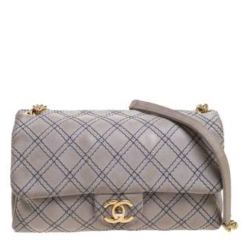 Pre Owned Chanel Grey Metallic Stitch Leather Small Classic Flap Bag