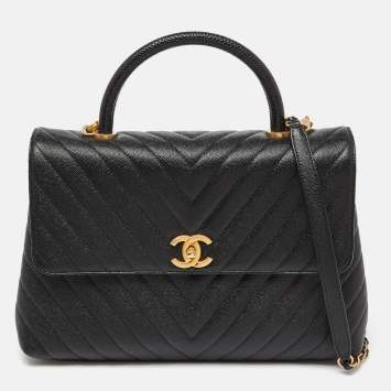 Pre Owned Chanel Black Chevron Caviar Leather and Lizard Medium Coco Top Handle Bag