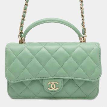 Pre Owned Chanel Green Lambskin Leather Flap Phone Case Shoulder Bag