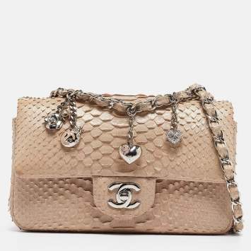 Pre Owned Chanel Beige Python New Mini Charm Classic Flap Bag
