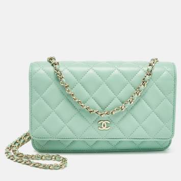 Pre Owned Chanel Light Green Quilted Leather CC Wallet on Chain