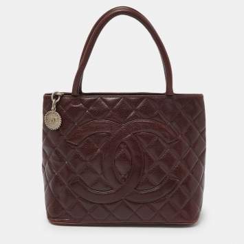 Pre Owned Chanel Burgundy Quilted Caviar Leather Medallion Tote