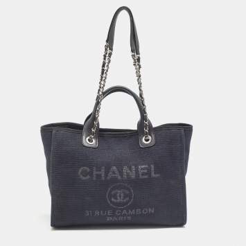 Pre Owned Chanel Navy Blue/Black Canvas Small Deauville Tote