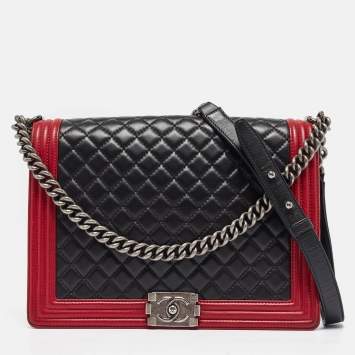 Pre Owned Chanel Black/Red Quilted Leather Large Boy Flap Bag