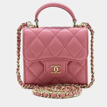 Pre Owned Chanel Pink Quilted Leather Mini CC Square Top Handle Bag