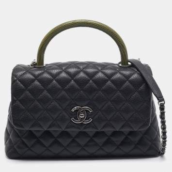 Pre Owned Chanel Black/Green Quilted Caviar Leather and Lizard Small Coco Top Handle Bag