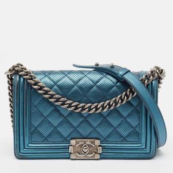 Pre Owned Chanel Metallic Blue Perforated Quilted Leather Medium Boy Flap Bag