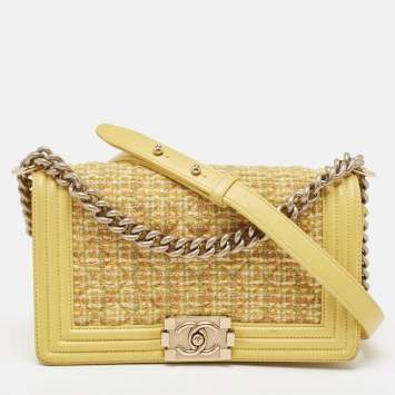 Pre Owned Chanel Yellow Quilted Tweed and Leather Medium Boy Flap Bag