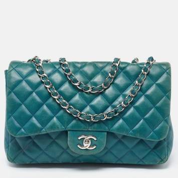 Pre Owned Chanel Green Quilted Leather Jumbo Classic Double Flap Bag