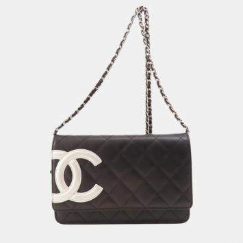 Pre Owned Chanel White/Black Leather Cambon Ligne Wallet On Chain
