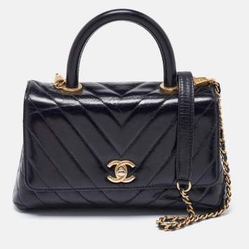 Pre Owned Chanel Black Chevron Glazed Leather Mini Coco Top Handle Bag
