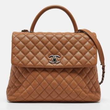 Pre Owned Chanel Brown Caviar Leather Large Quilted Coco Top Handle Bag
