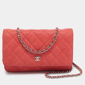 Pre Owned Chanel Coral Pink Quilted Caviar Leather CC Flap Wallet on Chain