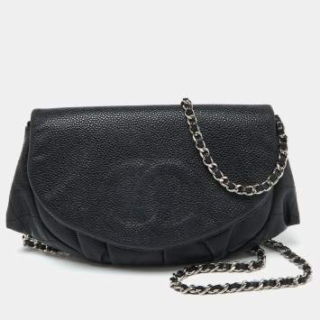 Pre Owned Chanel Black Caviar Leather Half Moon Wallet On Chain