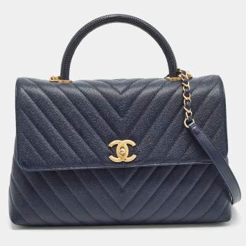 Pre Owned Chanel Dark Blue Chevron Caviar Leather and Lizard Medium Coco Top Handle Bag