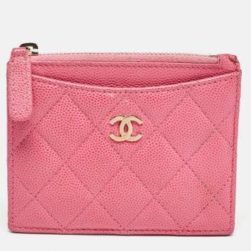 Pre Owned Chanel Pink Quilted Caviar Leather CC Zip Card Holder