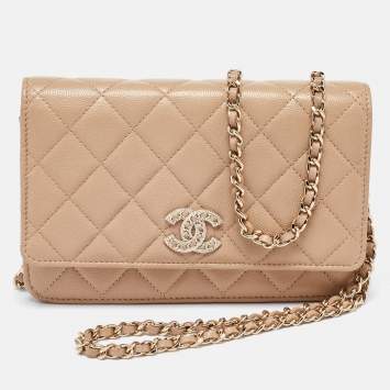Pre Owned Chanel Beige Quilted Caviar Leather CC Wallet on Chain 
