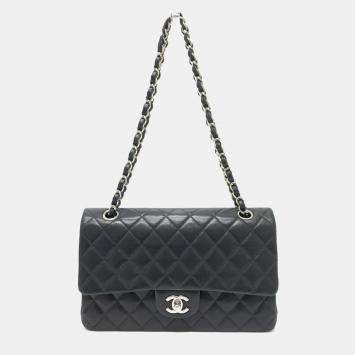 Pre Owned Chanel Black Leather Medium Classic Double Flap Shoulder Bags