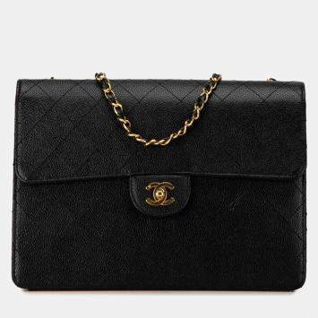 Pre Owned Chanel Black Quilted Caviar Jumbo Classic Single Flap Shoulder Bag