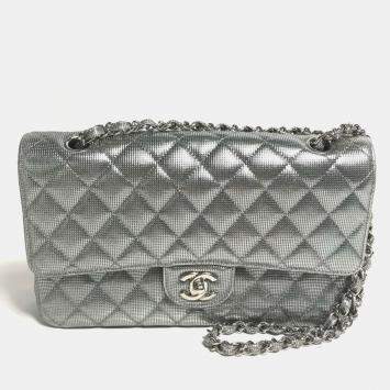 مملوكة مسبقًا Chanel Metallic Silver Quilted Calfskin Pixel Effect Medium Classic Double Flap Bag