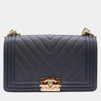 Pre Owned Chanel Navy Blue Lambskin Leather Medium Chevron Boy Shoulder Bag