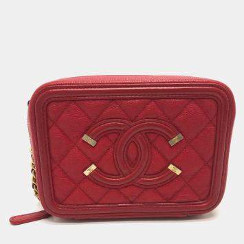 Pre Owned Chanel Red Leather Small Filigree Shoulder Bag