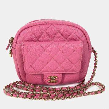 Pre Owned Chanel Pink Caviar Quilted CC Day Camera Case 