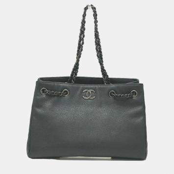 Pre Owned Chanel Black Caviar Large Woven Chain Shopping Tote Bag
