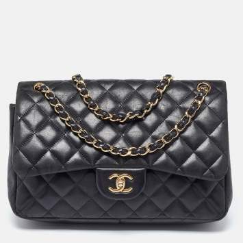 Pre Owned Chanel Black Quilted Leather Jumbo Classic Double Flap Bag