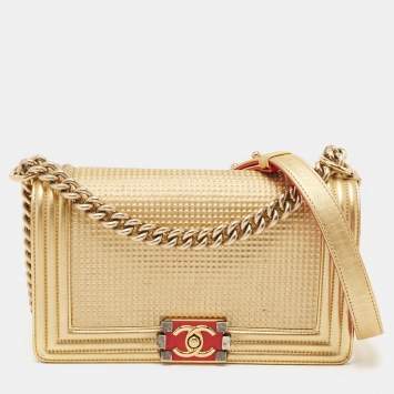 Pre Owned Chanel Gold Woven Embossed Leather Medium Boy Flap Bag