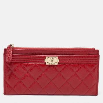 Pre Owned Chanel Red Quilted Caviar Leather Zip Classic Boy Pouch