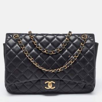 Pre Owned Chanel Black Quilted Lambskin Leather Maxi Classic Double Flap Bag