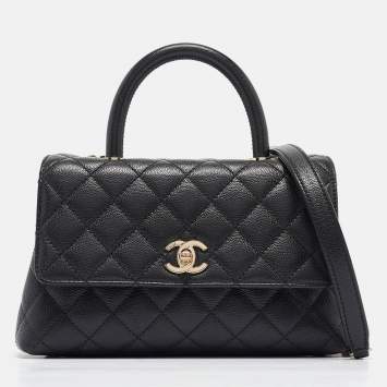Pre Owned Chanel Black Quilted Caviar Leather Small Coco Top Handle Bag