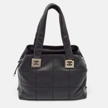 Pre Owned Chanel Black Leather Square Stitch Bowler Bag