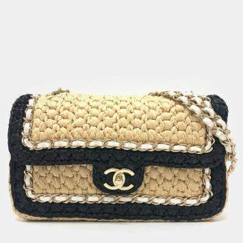 Pre Owned Chanel Beige/Black Raffia Flap Bag