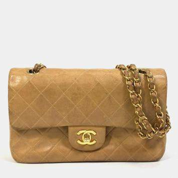 Pre Owned Chanel Beige Leather Small Classic Double Flap Shoulder Bags