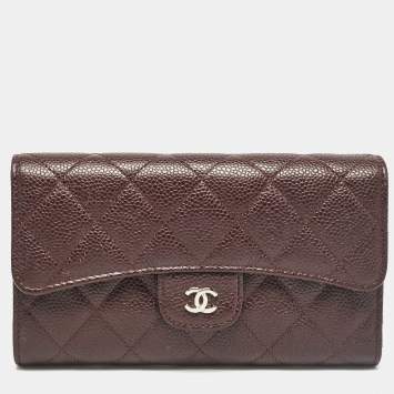 Pre Owned Chanel Plum Quilted Caviar Leather Classic Flap Trifold Wallet