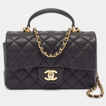 Pre Owned Chanel Black Quilted Caviar Leather Mini Rectangular Flap Top Handle Bag