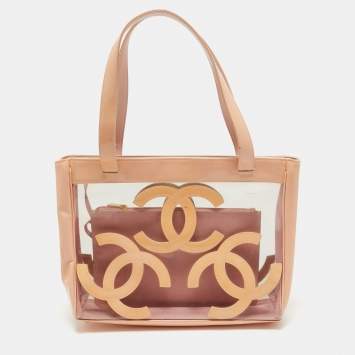 Pre Owned Chanel Pink/Peach PVC and Patent Leather Triple CC Tote