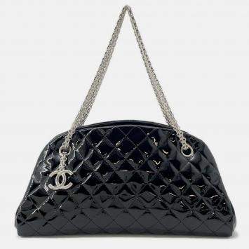 Pre Owned Chanel Black Patent Quilted Medium Just Mademoiselle Bowling Bag 