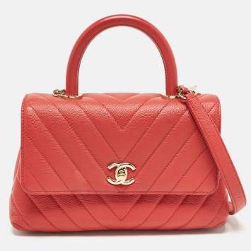 Pre Owned Chanel Brick Red Caviar Leather Mini Coco Top Handle Bag