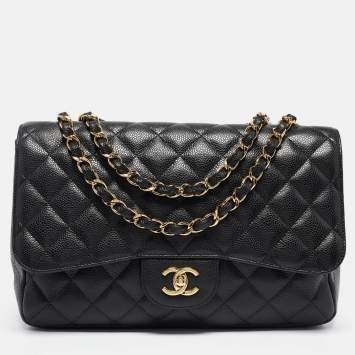 Pre Owned Chanel Black Quilted Caviar Leather Jumbo Classic Single Flap Bag