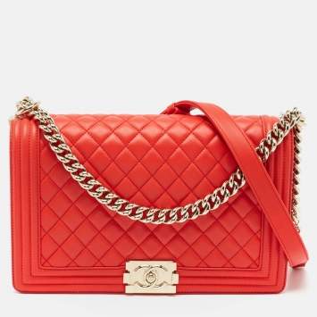 Pre Owned Chanel Red Quilted Leather New Medium Boy Bag