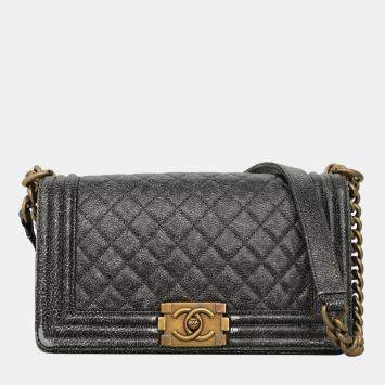 Pre Owned Chanel Metallic Grey Leather Medium Boy Bag