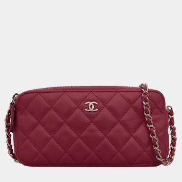 Pre Owned Chanel Red Leather Double Zip CC Clutch on Chain