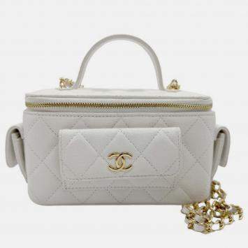 Chanel White Caviar Quilted Polly Pocket East West Top Vanity With Chain 