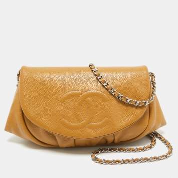 Pre Owned Chanel Tan Caviar Leather Half Moon Wallet On Chain